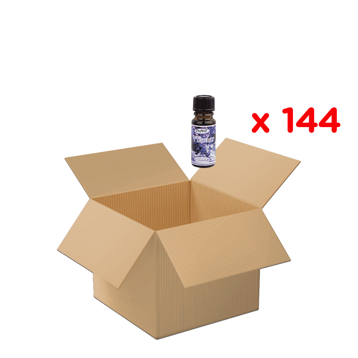 Kartonbox, offenes Karton, Kartonverpackung, Fläschchen Füller, Mengenangabe 144, Kartonbox, Offenes Karton, Duftöl-Flieder, Flasche Duftöl, Menge 144, Kartonbox, offenes Paket, Füllung, Flasche ätherisches Öl, x 144