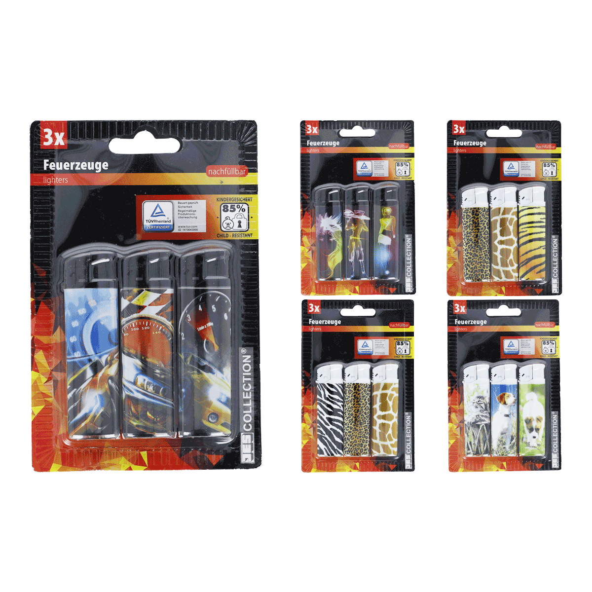 Feuerzeuge, Lighter, 3x pack, Tiermuster, Kunststoffgehäuse, Feuerzeuge, Lighters, Animal-Print, Streifen, 3x Packung, Feuerzeuge, Nachdfüllbar, Lighters, 3er-Pack, Tiermuster