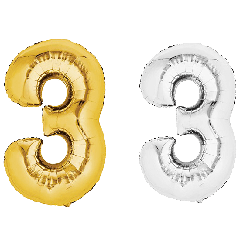 Luftballon, Zahl, 3, Gold, Silber, Ballonzahl, Luftballon, Zahlenballon, Gold, Silber, Ballon, Folie, Nummer 3, Gold, Silber
