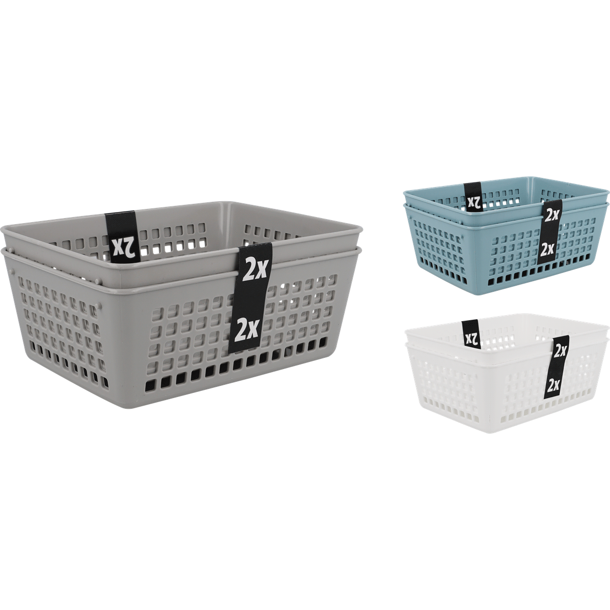 Korb, Aufbewahrungskorb, Plastic Korb, Durchbrochener Korb, grauer Korb, Mehrfachpack, Aufbewahrungskorb, Plastikkorb, belüftet, rechteckig, 2x