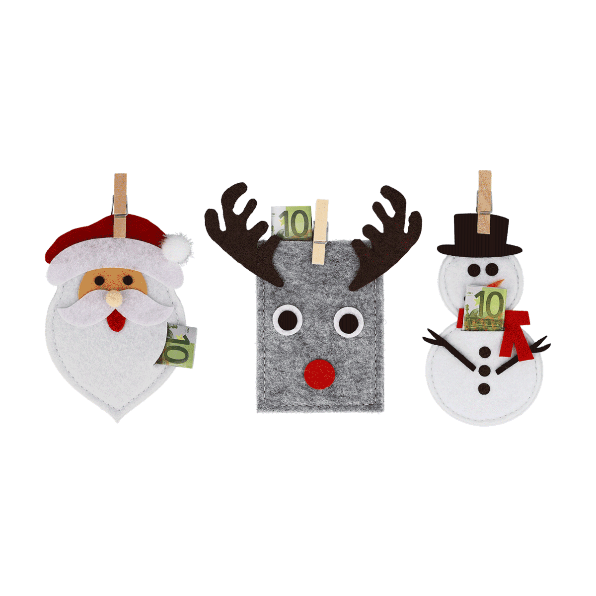 Weihnachtsdeko, Santa Claus, Rentier, Schneemann, Geldschein