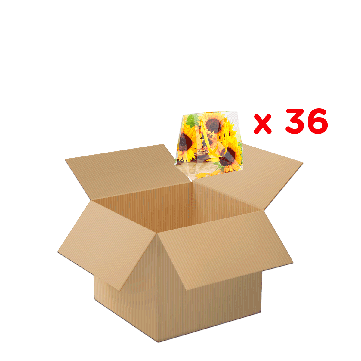 Kartonbox, offene Box, Verpackung, Versandkarton, brauner Karton, kartonbox, kartonbox offen, kartonverpackung, blumenbild, sonnblumen, Kartonschachtel, Offene Box, Sonnenblumen-Motiv, Bedruckte Tasche, Verpackungskarton
