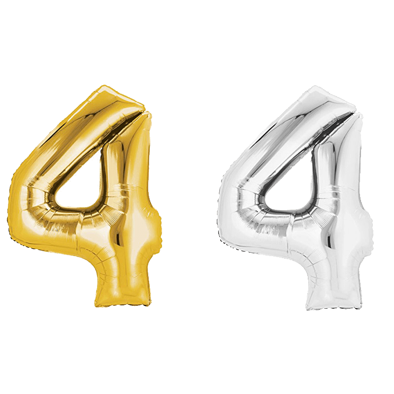 Ballon, 4, Folienballon, Gold, Silber, Ballon, Folienballon, Vier, Gold, Silber, zahlenballon, 4, ballon, metallic, foil