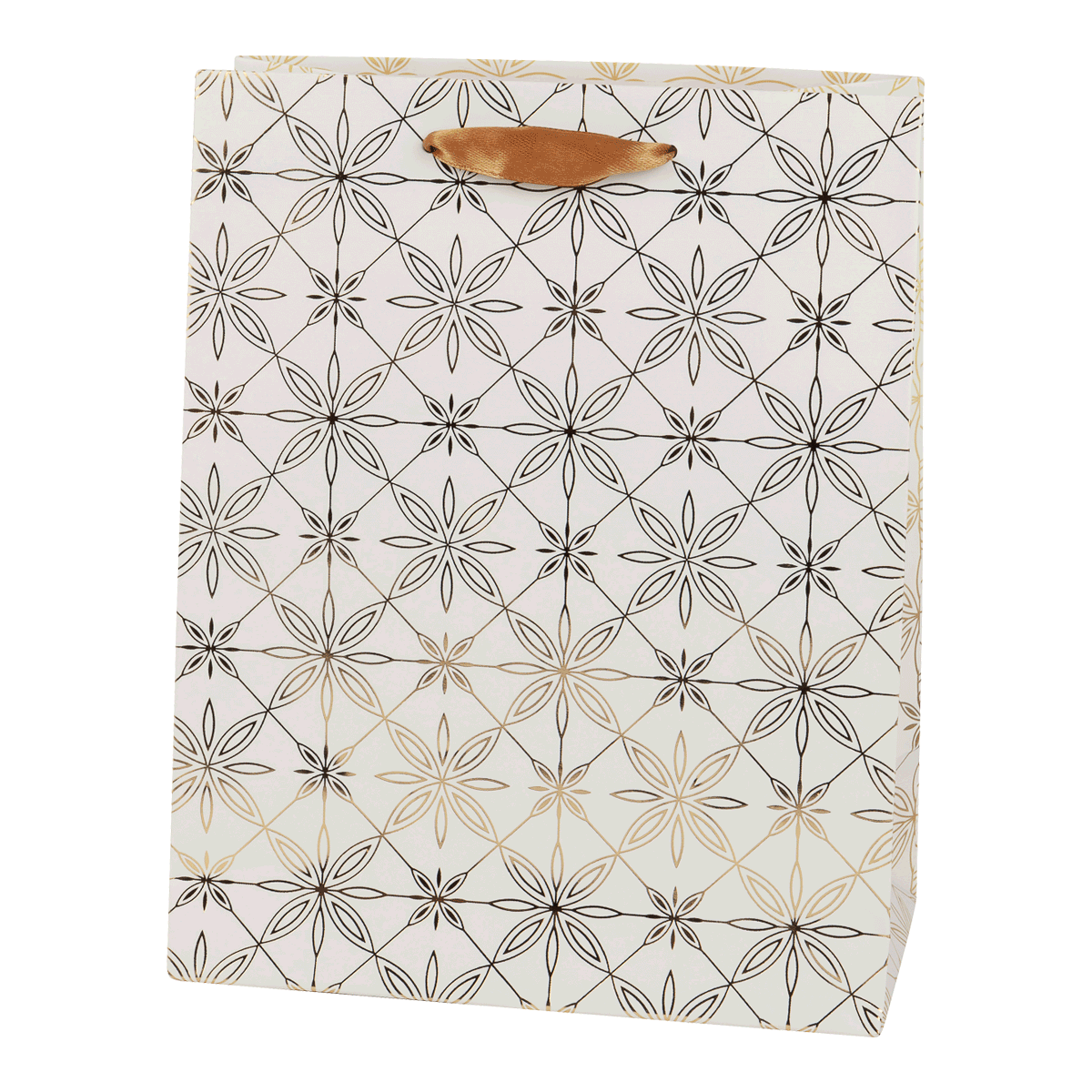 Geschenktüte, gemustert, geometrisch-blumen, brauner Henkel, Papierbeutel, Geschenktüte, Geschenkverpackung, Papierbeutel, Geometrisches Muster, Trageband Braun, Geschenktüte, Papiertragetasche, geometrisches Muster, Blume des Lebens, Goldakzente