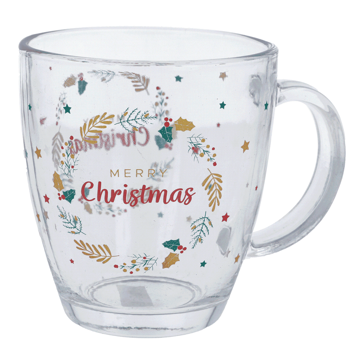 Glasbecher, Weihnachtsdesign, Jubel-Text, Merry Christmas, Transparent