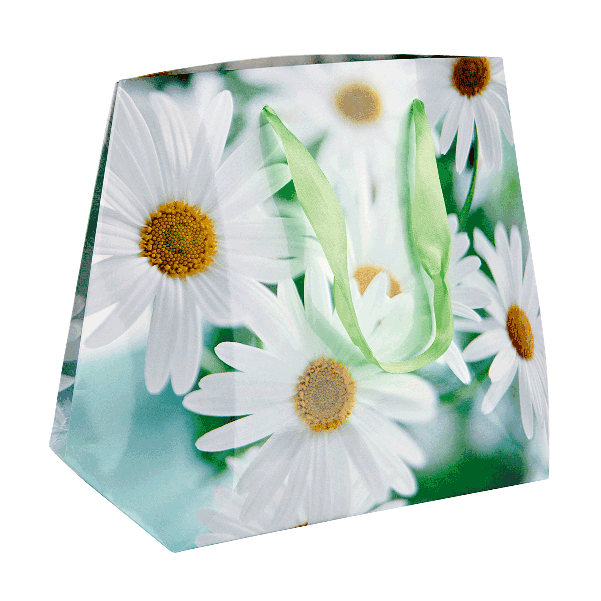 Daisy pattern, White petals, Flower bag, Green handle, Gift bag, Blumenmuster, Daisy, Schultüte, Geschenkbeutel, Papierbeutel, Blumen Muster, Gehäuse Tasche, Kunststoff Tragetasche, Gänseblümchen, weiße Blüten