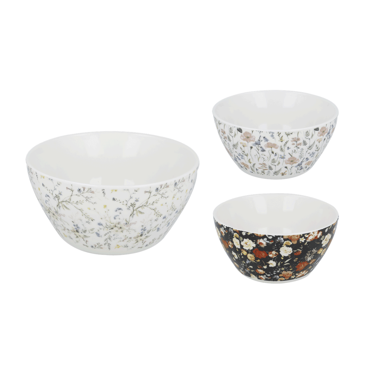 Schüsseln, Porzellan, Blumenmuster, Mehrfaches Set, Dessert-Schalen, weisses schalen-set, schalen, blumenmuster, porzellan, servierset, Schüssel, Porzellan, Blumendruck, Bowl-Set, Dreier-Set