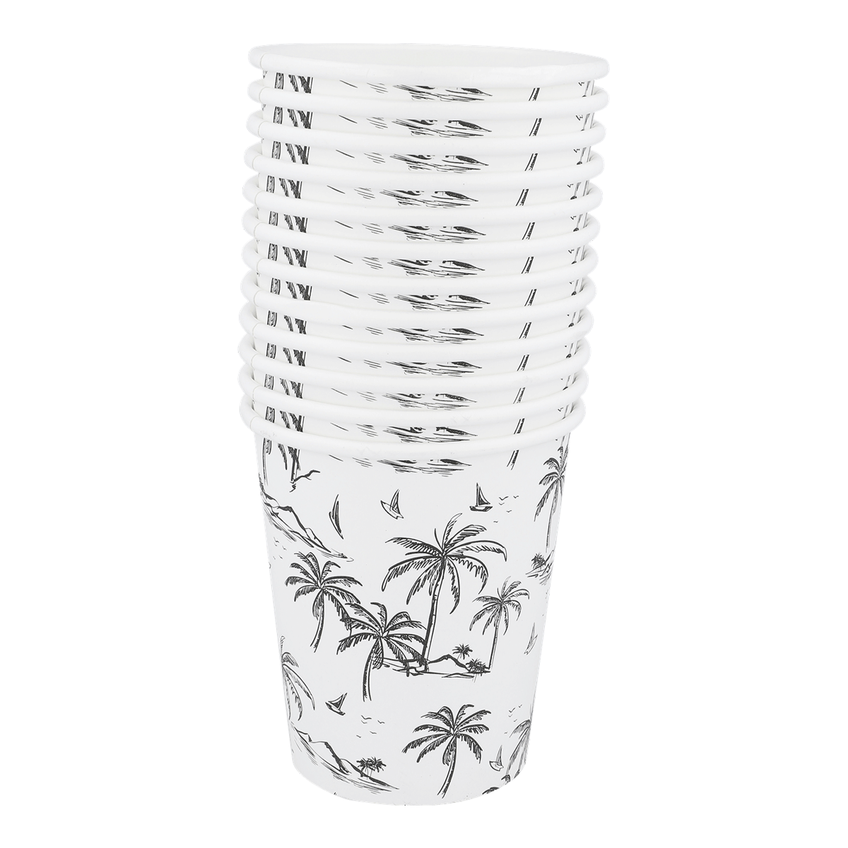 Becher, Pappbecher, Küchenbedarf, Palmendesign, Einwegbecher, Papperbecher, Becher-Set, Palmen-Design, Einwegbecher, Küstenmuster, Becher, Pappbecher, Einweg, Palme, Muster