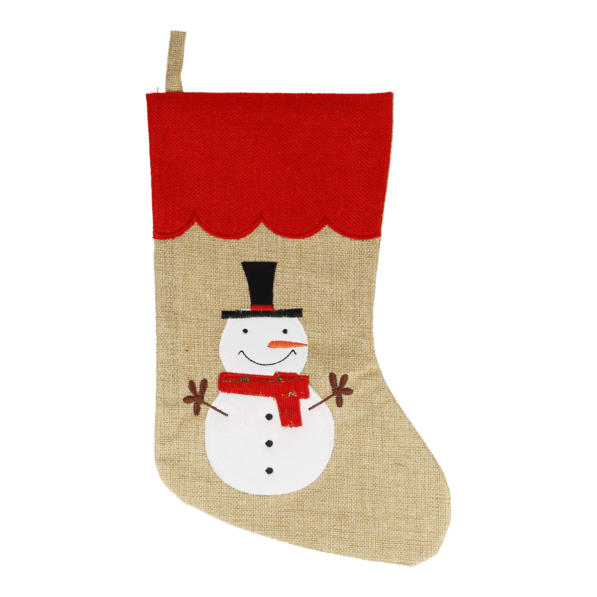 Weihnachtsstrumpf, Stoff, Häkeloptik, Snowman, Rot-beige