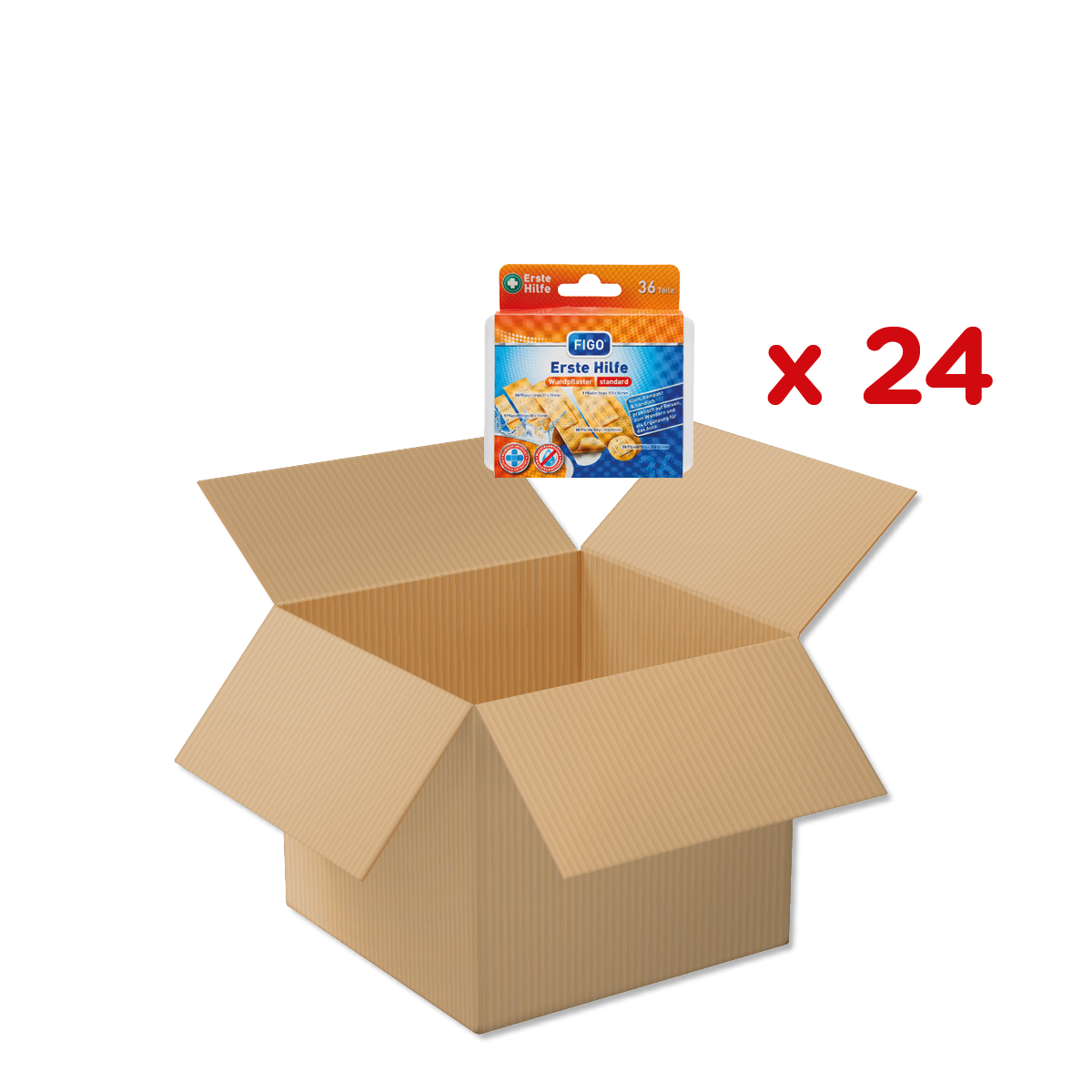 Kartonbox, offene Schachtel, Packung 24, Reinigungsbox, Kartonverpackung, Kartonbox, Paketbox, Verpackung, Wundpflaster, Einweg-Verpackung, verpackungsbeutel, erste hilfe, pflaster, verpackung, stückzahl 24