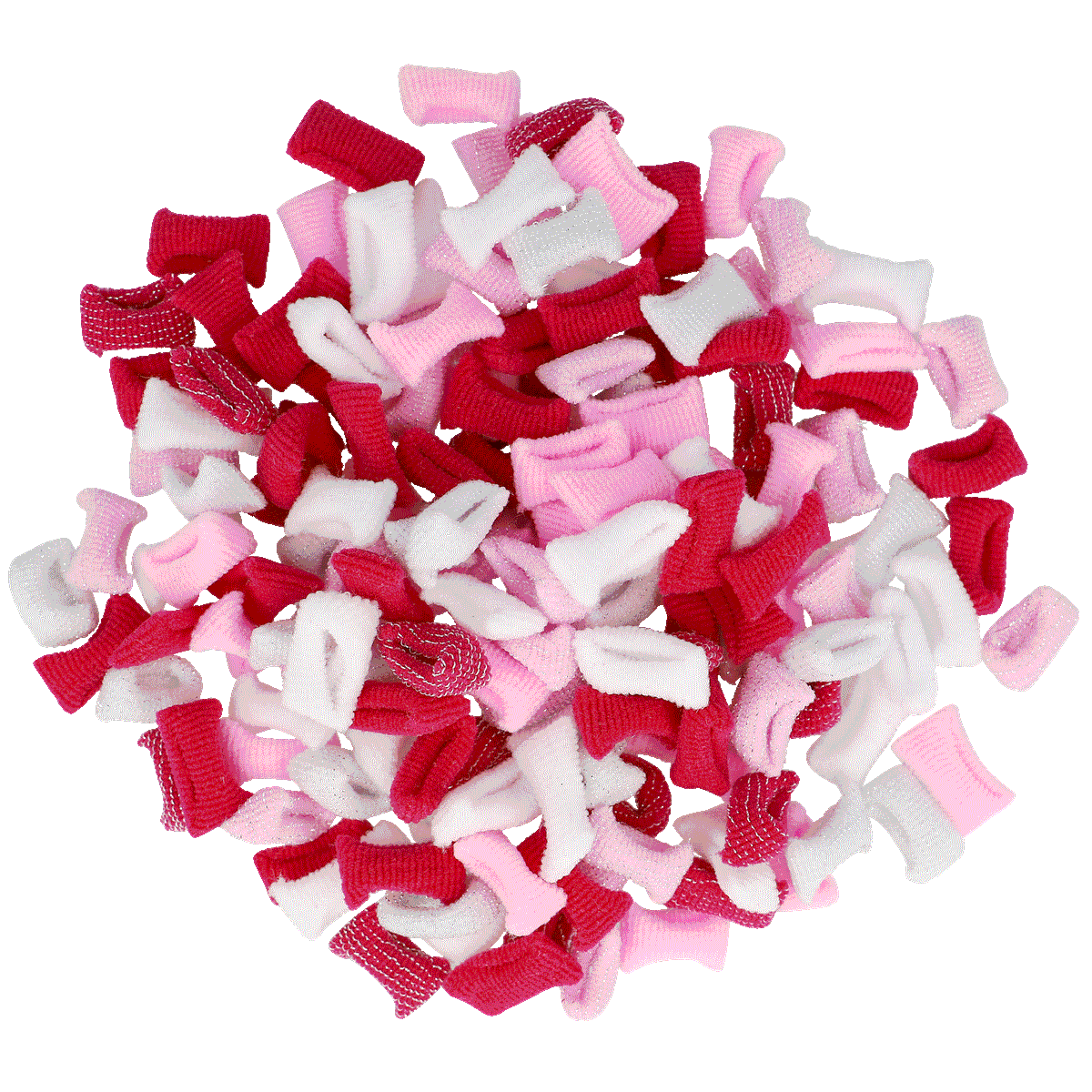 Kleine Schleifen, Stoffkleidung, Rosa, Rot, Gemusterte Streifen, Kleingummis, Schnippel, Textilstückchen, Stoffreste, Klettreste, Gummibärchen-Formen, Schaumstoff-Teilchen, Knete-Alternative, Dekor-Streusel, Farbenmix