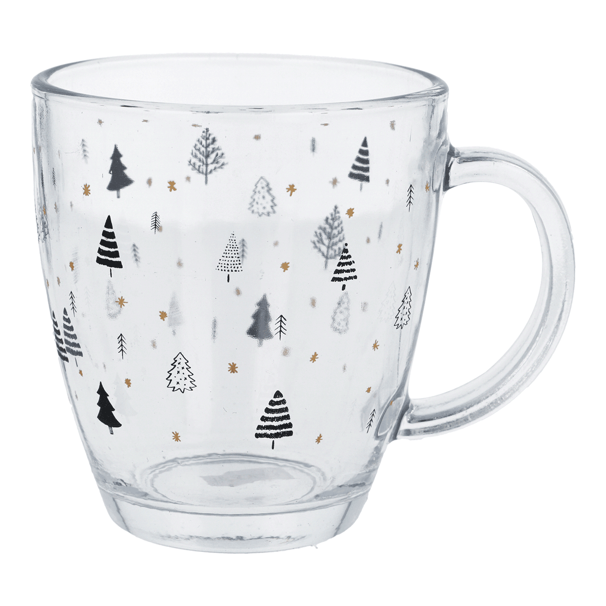 glasbecher, klar, weihnachtsmuster, baumdruck, transparente tasse