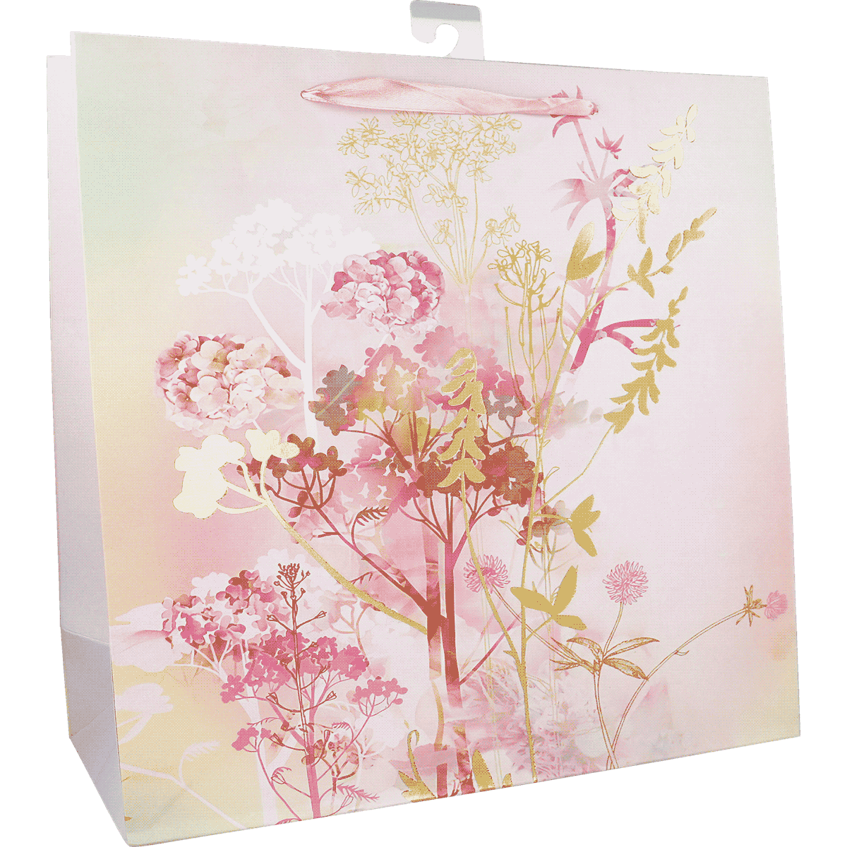 Geschenktüte, Blumenmuster, Papier, Rosa, Tragekordel