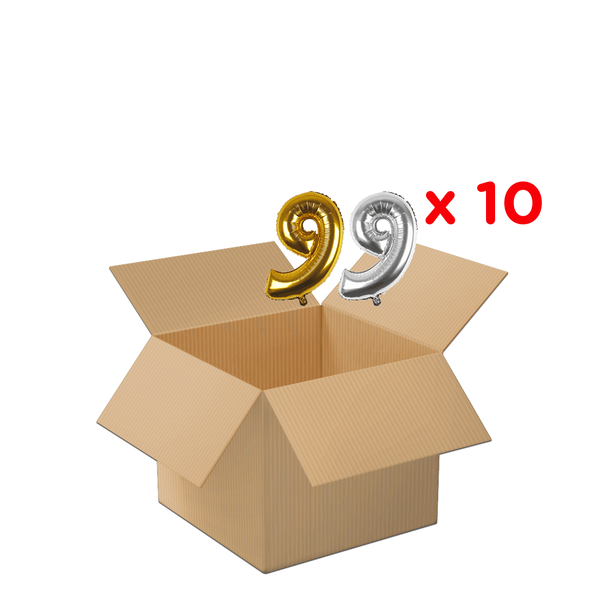 kartonbox, offene schachtel, ballonzahlen, gold, silber, Karton, Schachtel, offene Schachtel, Auspacken, Verpackung, kartonbox, offene box, ballons 99, x10, versandverpackung
