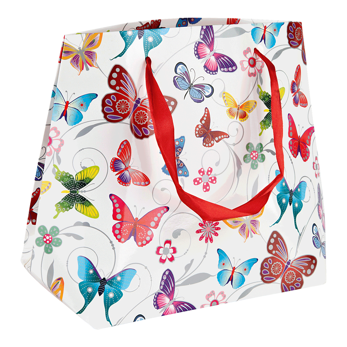 购物袋, 蝴蝶图案, 蝴蝶, 白色背景, 红色提手, Tasche, Tragetasche, Schmetterlingsmuster, bunte Muster, Tragriemenrot,  Einkaufstasche, Schmetterlingsmuster, weiße Tasche, roter Griff, Tragetasche