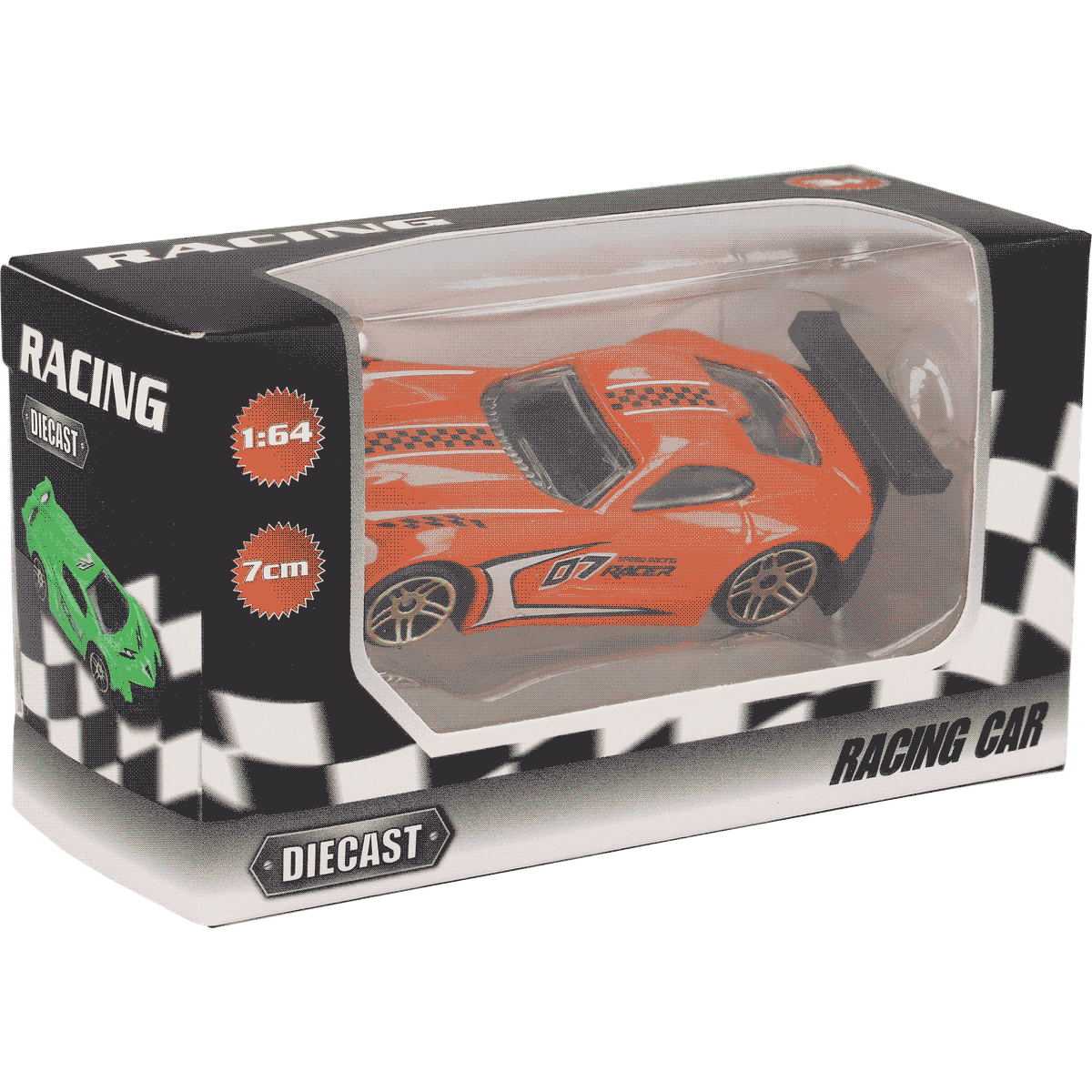 Rennwagen, Diecast, 7cm, Auto-Modell, KaroOrange, Racing car, Diecast-Modell, Modellauto, Orangene Farbe, Verpackungskarton, Racing car, Diecast, 1:64 scale, Orange car, Box packaging