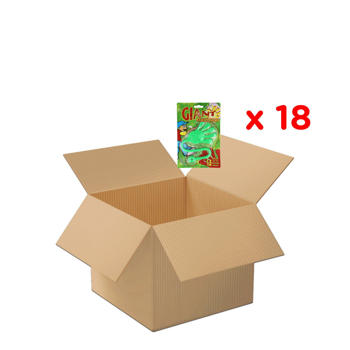 kartonbox, offene box, giant sticky hand, handspielzeug, packung 18, Kartonbox, Offen, Gekrümelt, Giant Hand Toys, Kinder Spielzeug, kartonbox, öffner, kartonverpackung, ballastartikel, karton