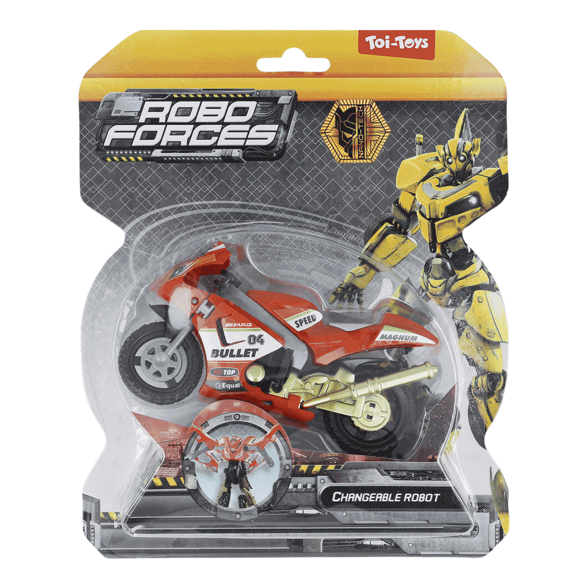 Motorrad, Rotes Fahrrad, Robo-Kräfte, Verstellbarer Roboter, Blechspielzeug, Motorrad, Roter Rennwagen, Wechselroboter, Gelb roboter, Spielzeug, Robo Forces, Motorrad, Rotes Motorrad, Verstellbarer Roboter, Spielzeugverpackung