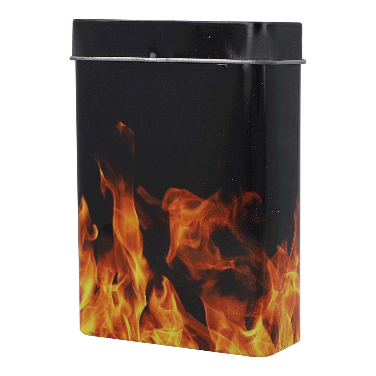 Feuerzeug, Feuerbrand, Kaminbehälter, Flammenbehälter, Gasfeuerzeug, Ethanol stove, Flame pattern, Metal case, Black container, Fire graphic, Feuerzeug, Sturmfeuerzeug, Flammen-Design, Blechdose, Klemmbügel