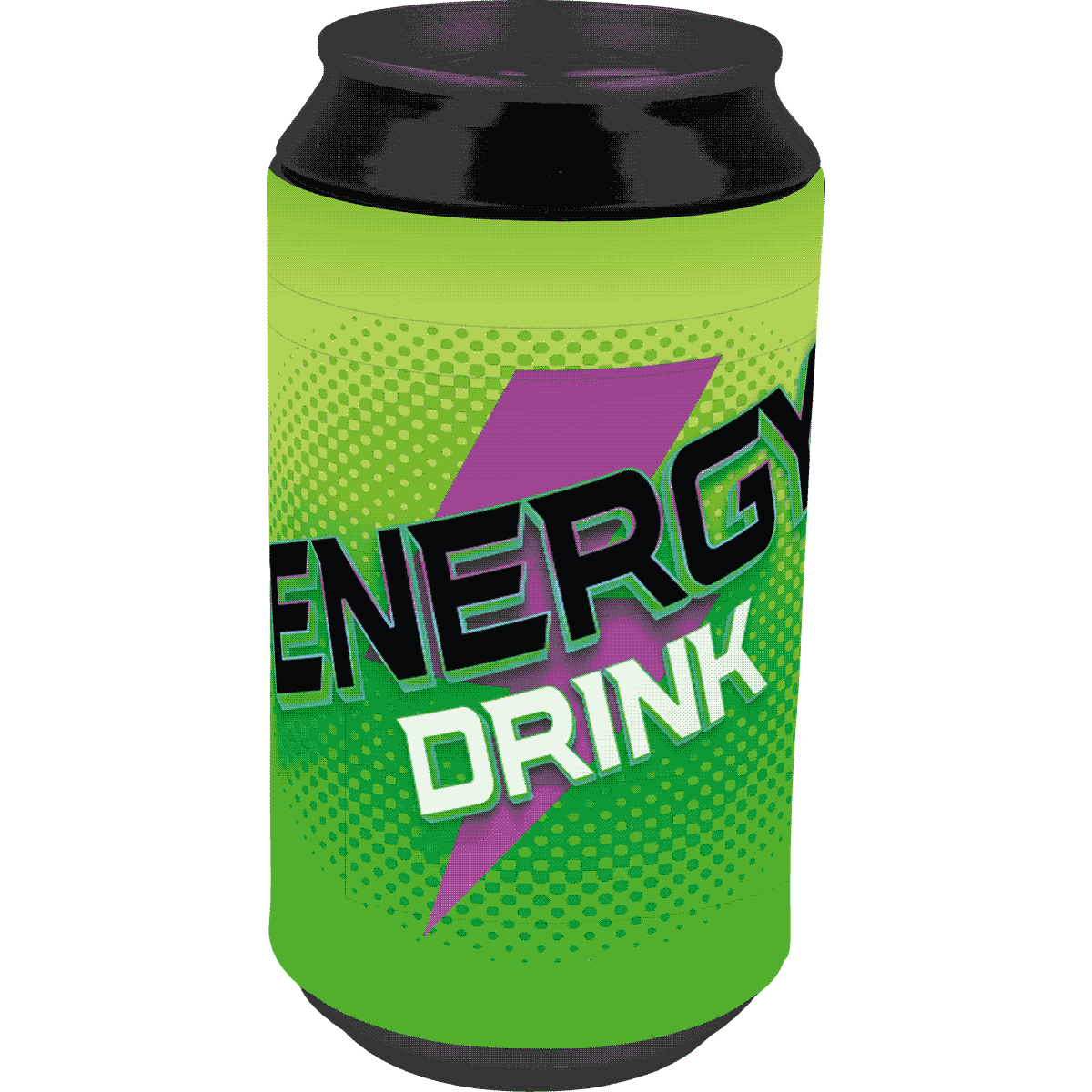 Energy drink, Green can, Lime green, Graphic label, No identifiable branding, Energy-Drink, Dose, Grüne Etikette, Lila Blitze, Kohlensäurehaltiges Getränk, Energy-Drink, Dosengetränk, Grüne Dose, Blitz-Logo, Großschrift