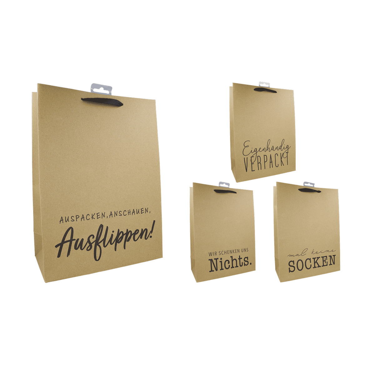 Papiertüte, Tragetasche, Beutel, Kartonoptik, Spruchdruck, Paketbeutel, Papiertüte, Kartenaufdruck, Sacktasche, Geknickte Tasche, Papiertüte, Tragetasche, Beutel, Kraftpapier, Slogans