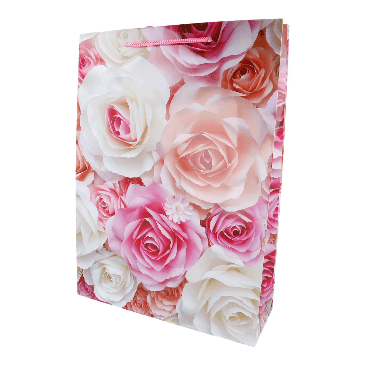 Geschenkbag, Rosenmuster, Blumenmotiv, Papiertragetasche, Pink-Weiß, Geschenktüte, Blumenmuster, Rosen, Pink/Weiß, Papiertragetasche, Blumenmustermuster, Geschenkverpackung, Rosenmuster, Papiertüte, Weiß Rosa