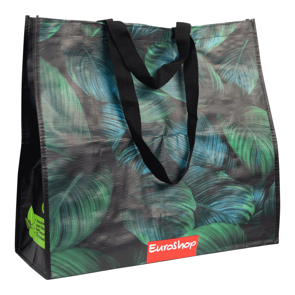 Reisebörse, Tasche, Tasche aus Kunststoff, Blättermuster, EuroShop, Tasche, Tasche aus Folienmaterial, Große Tragetasche, Tropical Muster, EurosShop Logo, Tasche, Taschenbeutel, Tragetasche, Griffe, Blättermuster