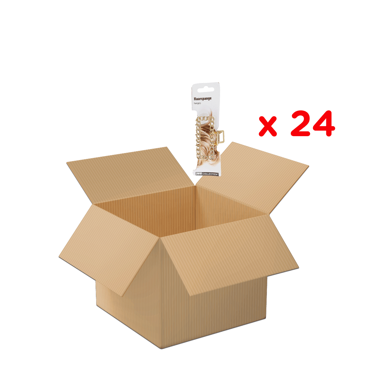 Kartonbox, offene Box, Verpackungsbox, Wellpappe, braune Box, Haarspange, Haarzubehör, Verpackung, Kiste, Kollektion, Box, offene Box, Kartonbox, Karton, Mengenangabe x24