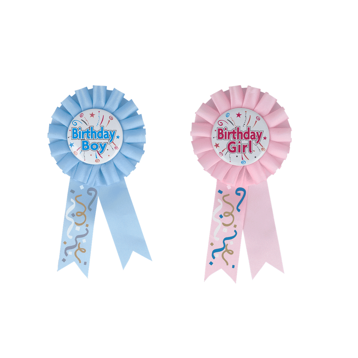 Birthday-Badge, Ribbons, Blaues Band, Rosa Band, Feierartikel, birthday badge, ribbon, blue, pink, party decoration, birthday Abzeichen, Schleife, blau, rosa, Party-Dekoration