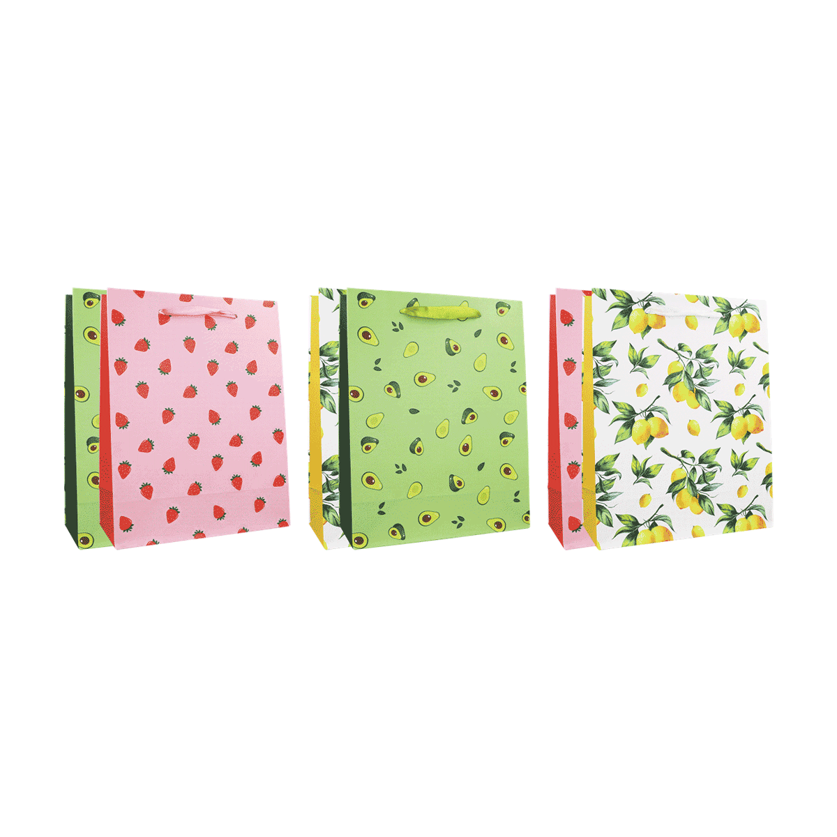 Geschenkbeutel, Papiertragetaschen, Obstmotiv, Kleine Geschenktaschen, Fruchtmuster, Geschenkverpackung, Papiertragetaschen, Fruchtmuster, Avocados, Lemons, Geschenktasche, Papier­tasche, Obstmuster, Erdbeeren, Avocado