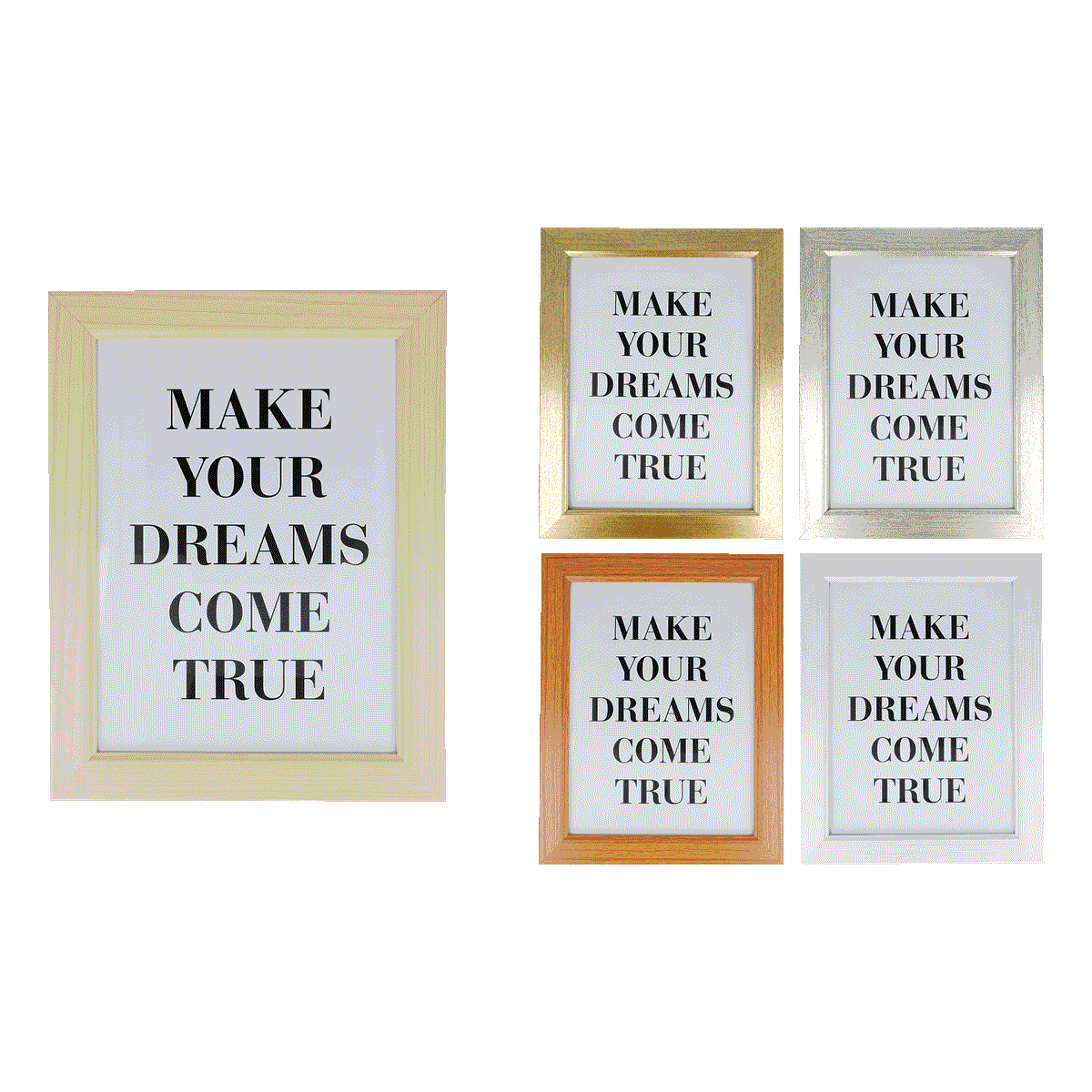 Bildrahmen, Wanddekoration, Spruchbild, Holzrahmen, Make your dreams come true, Bildrahmen, Wandkunst, Motivierender Text, Rahmenkollektion, Dekorationsartikel, bilderrahmen, rahmen, holzrahmen, goldfarbener rahmen, spruchbild