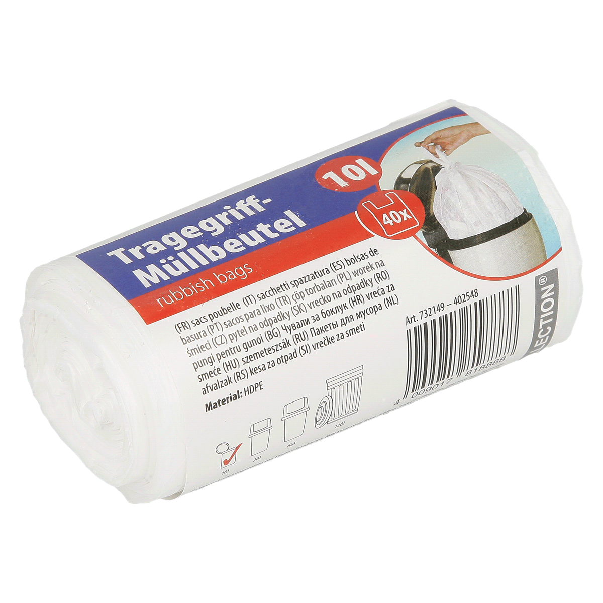 Mülleimerbeutel, Abfallsack, HDPE, rubbish bags, Tragegriff-Mülleimerbeutel, 垃圾袋, 垃圾袋卷, HDPE, 一卷, 容量未知, Müllbeutel, Rubbish bags, Tragegriff, HDPE, organisiert