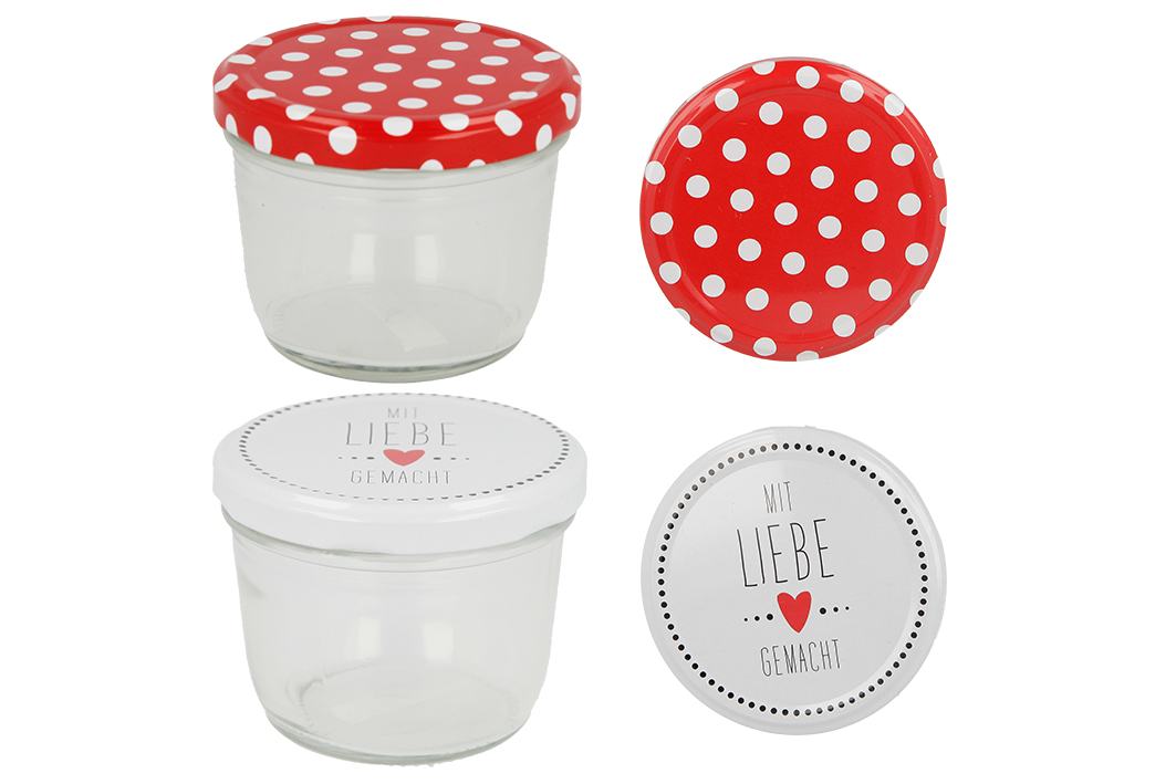 Glasbehälter, Einmachglas, Deckel gepunktet, Rot-weiß, Mit Liebe gemacht, Glasgläser, Einmachglas, Roter Deckel mit Punkten, Polka Dot Muster, Personalisierter Deckel, Glasglas, Gläser, Einmachglas, Deckel rot-punktemuster, Aufbewahrungsglas