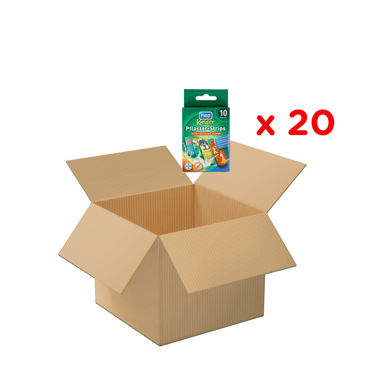 kartonbox, kartonverpackung, versandkarton, paket, aufreißleiste, Kartonschachtel, offenes Kartonpaket, Pflaster-Strips, Kinder, Packung 20, Paketbox, Kartonschachtel, Open Box, Paketversand, 20 Stück