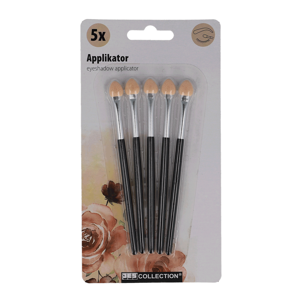 Makeup-Pinsel, Lidschatten-Applikator, Beige-Schwämmchenspitzen, Satz aus 5, Plastikgriff, Augenlidpinsel, Make-up-Pinsel, Pfirsichfarbene Schwämmchen, Sechs Pinsel, Verpackung Blumendesign,  makeup brushes, eyeshadow applicator, set of brushes, peach spo