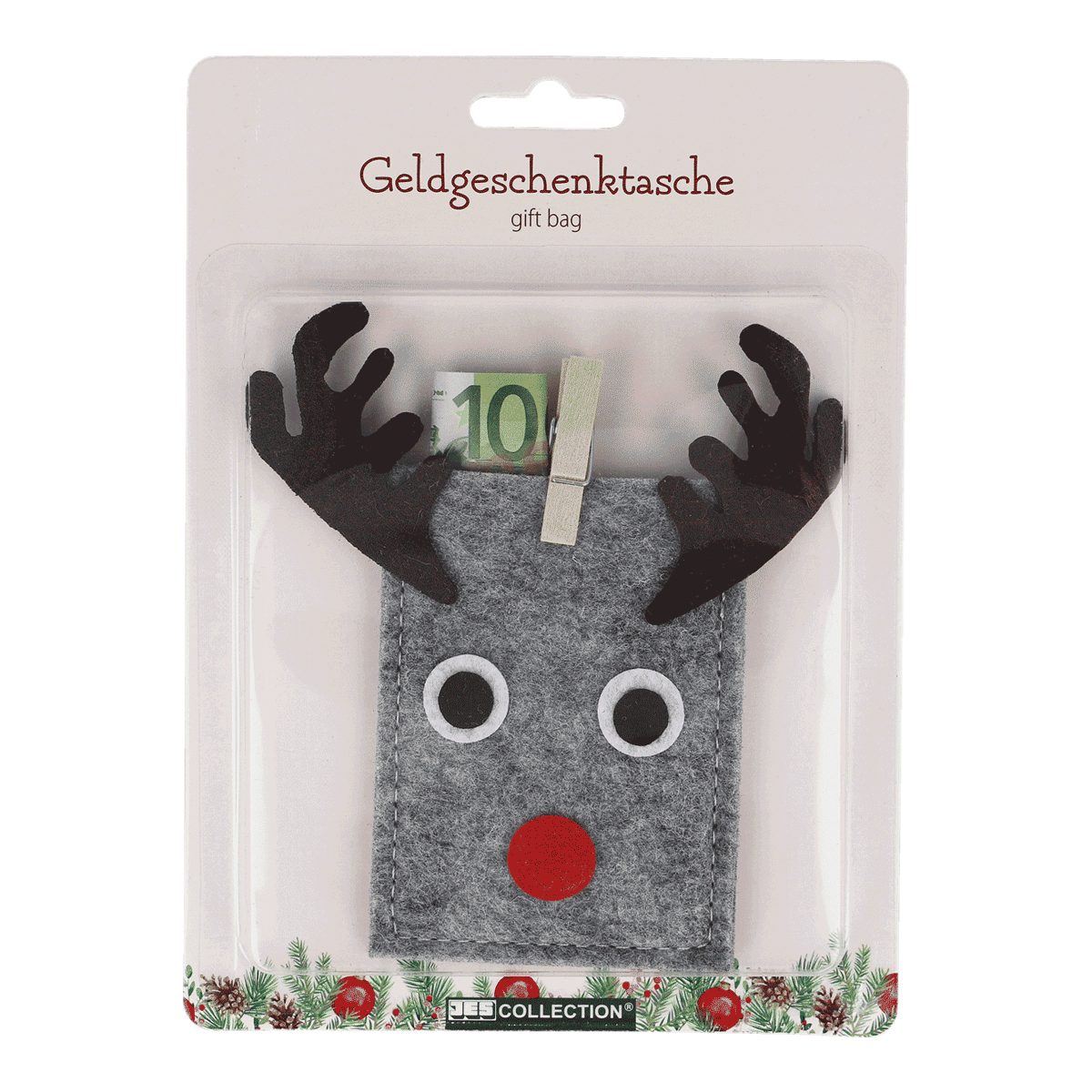 Geschenktasche, Rentier, Rentiergesicht, Filz, Grau