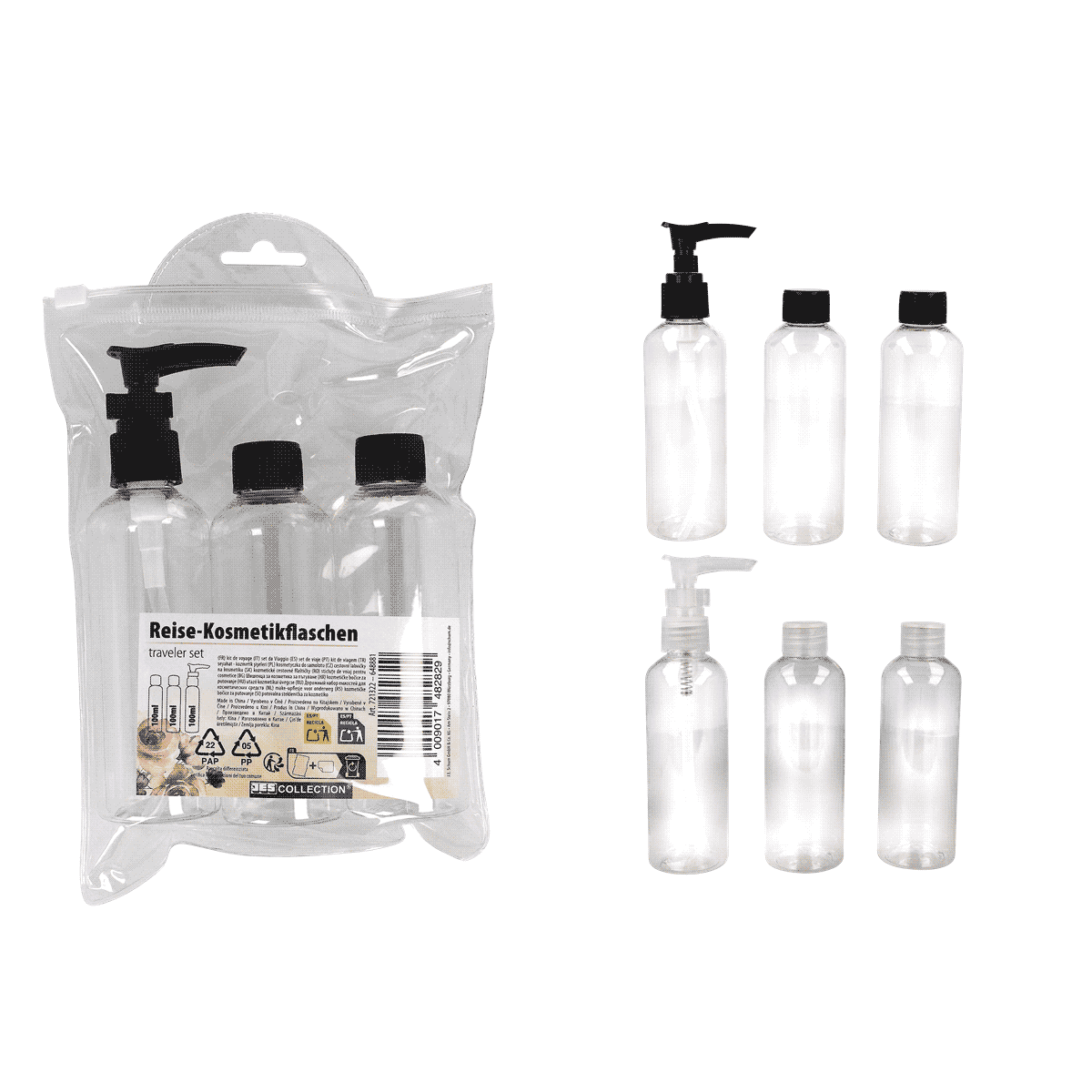 Reiseflaschen, Kosmetikflaschen, Reise-Set, Kunststoffflaschen, Pumpenspender, Reise-Set, Kosmetikflaschen, Kunststoffflaschen, Pumpspender, Transparent, Reise-Set, Kosmetikflaschen, Flasche mit Pumpspender, Transparent, Reisekit