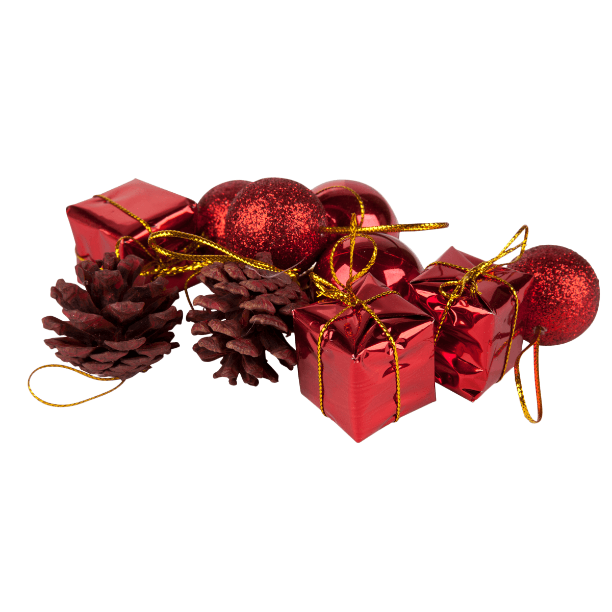 Weihnachtsdeko, Geschenke, Hochglanzrot, Tannenzapfen, Glitzerkugeln