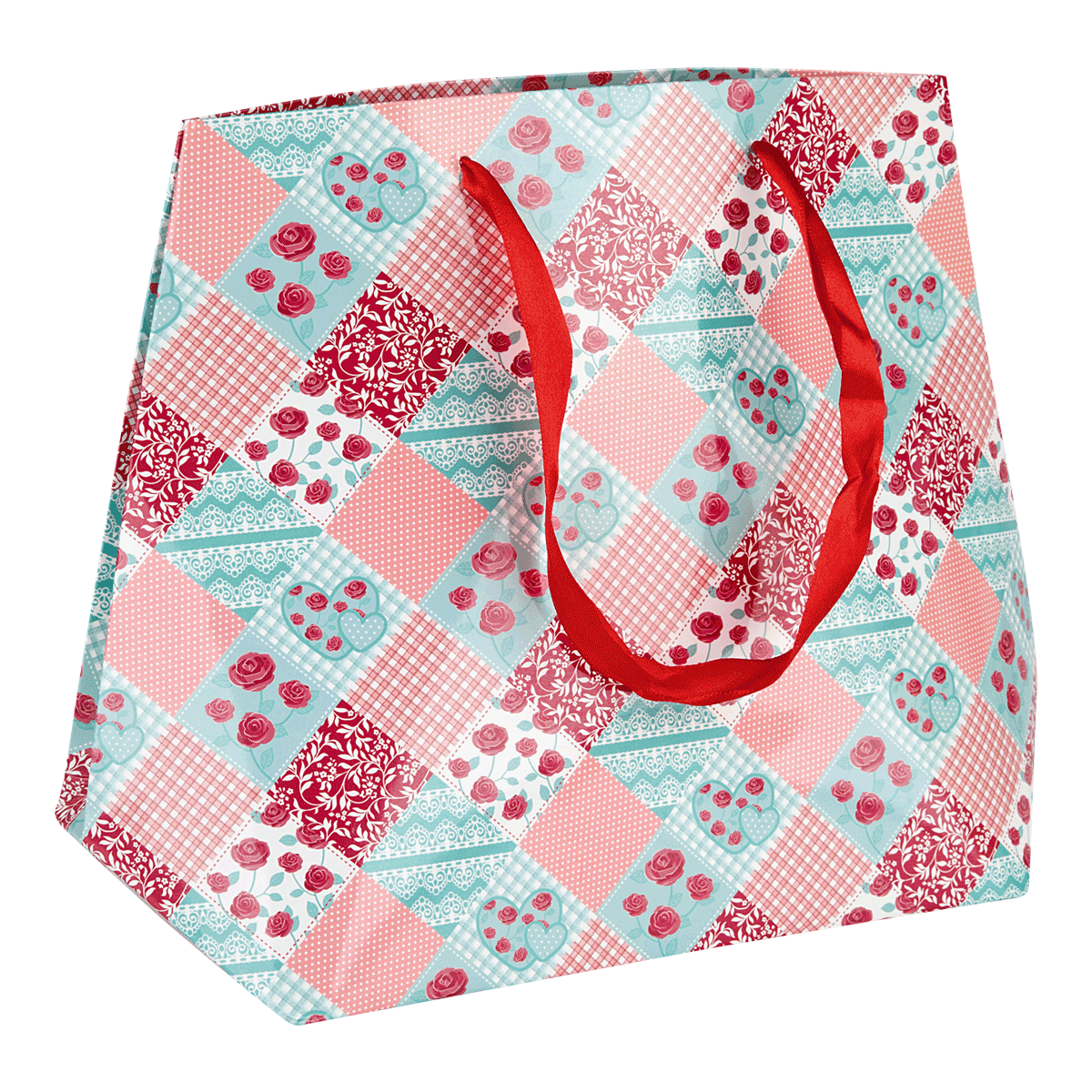 Tasche, Tragetasche, Patchwork-Muster, Rosenmotiv, Tragetasche mit Rosen, Tasche, Tragetasche, Patchwork, Rosenmuster, Karo-Print, Tasche, Tragetasche, Patchwork, Rosenmuster, Rotteils/Rot