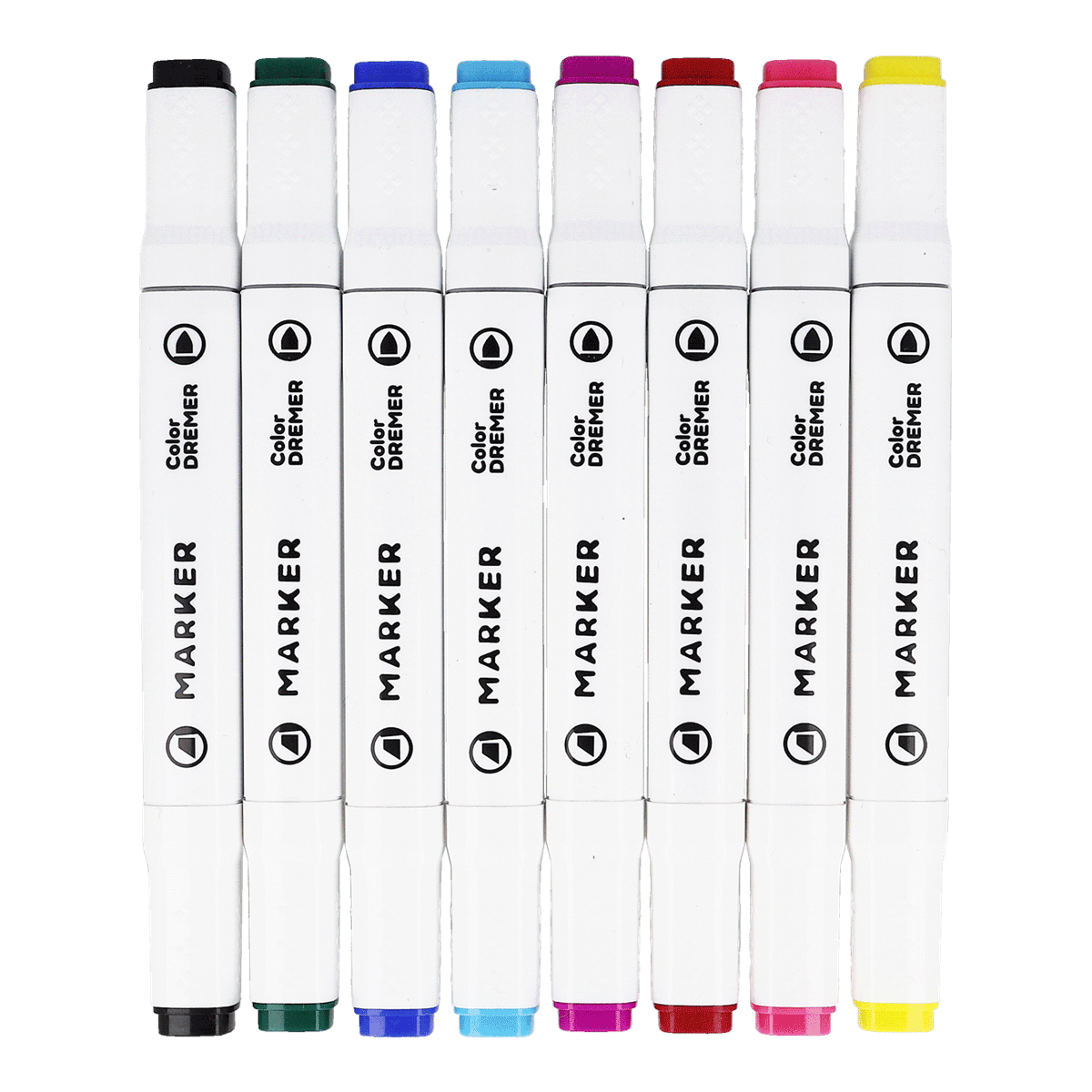marker, weißes-gehäuse, bunte-kappen, wasserbasierend, markers-set, Markerstifte, Farbmarker, 8er-Pack, Kleine Farbstifte, weiße Gehäuse, Marker, weißer Körper, Farbmarker, Material: Kunststoff, 8er-Set