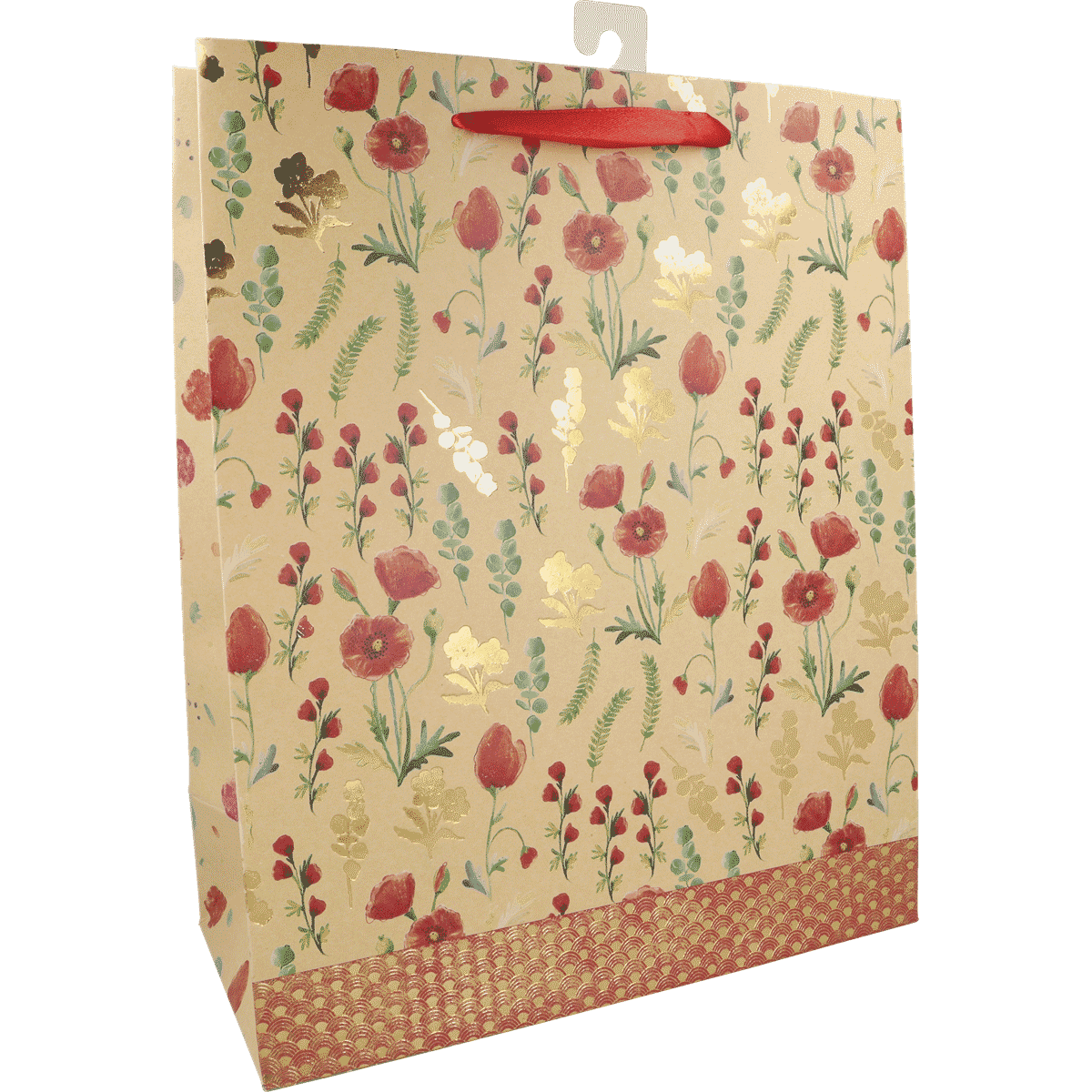 Geschenktüte, Papiertragetasche, Blumenmuster, Beutelgröße, Kunstlederhenkel?
