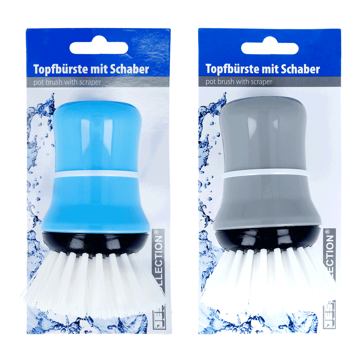 Topfbürste, Schaber, Reinigungsbürste, Wasserfest, blau/grauer Griff, Topfbürste, Schaber, Reinigungsbürste, Küchenbürste, Spülbürste, Topfbürste, Schaber, Bürstenkopf, Wasserfest, Raschi-Adapter