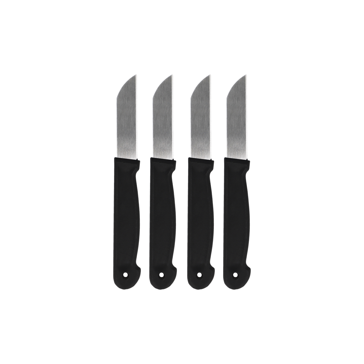 Spachtel, Messer, Küchenmesser, Probemesser, Küchenwerkzeug, Buttermesser, Steakmesser, Satz aus vier, Edelstahl, schwarzer Griff, kitchen knife, butter knife, steak knife, paring knife, stainless steel blade