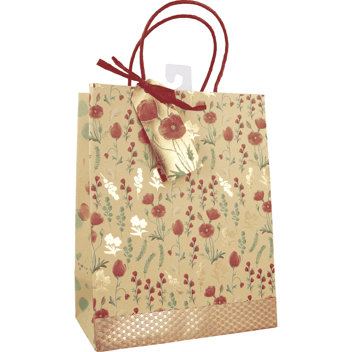 Geschenktüte, Papier, Blumenmuster, Beige-Rot, Kordelgriffe