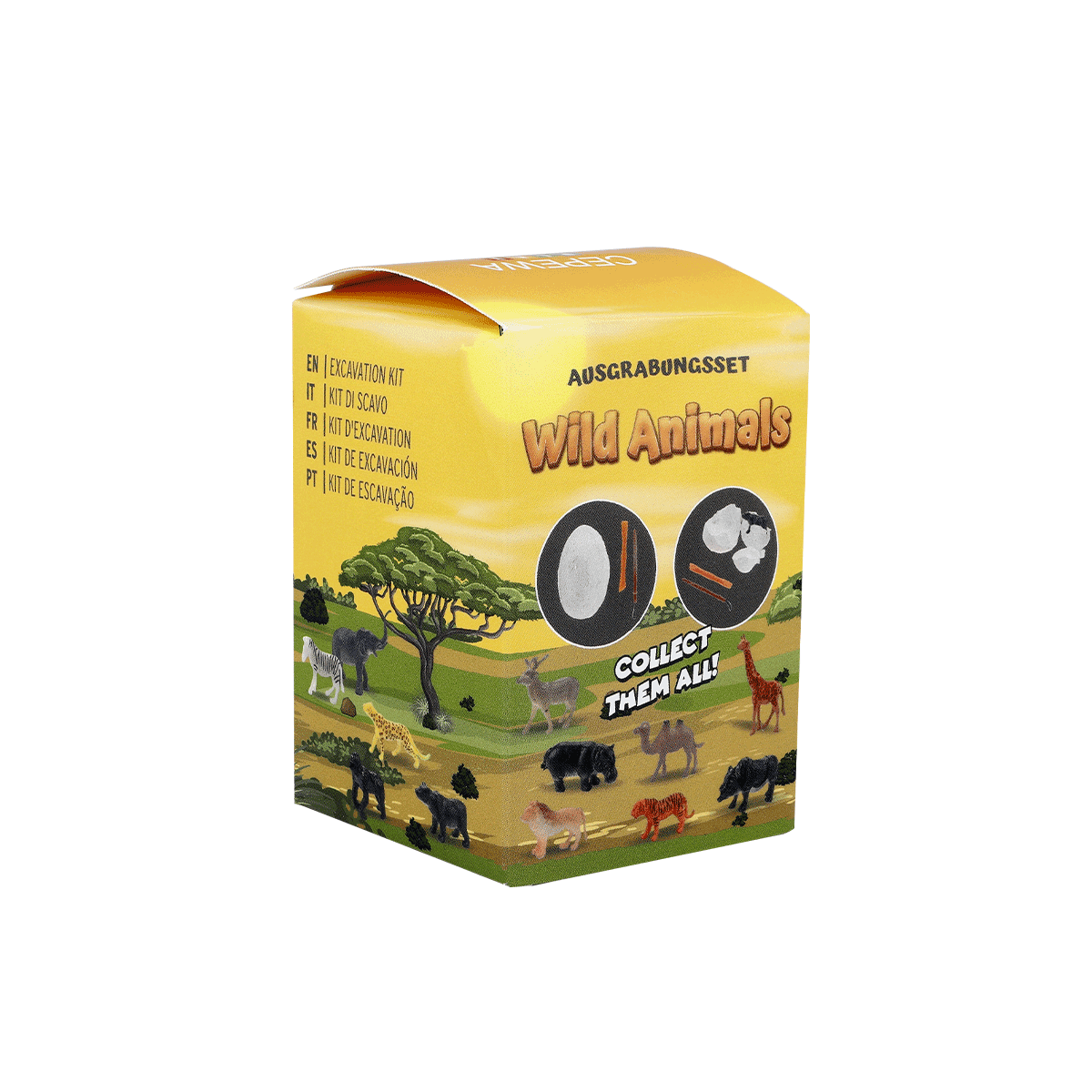 Wildtiere, Spielzeugset, Sammle sie alle, Ausgrabungsset, Tiere auf der Verpackung, Wild Animals, Educational Kit, Excavation Kit, Collect Them All, Mini Figures, Wildtiere, Ausgrabungsset, Sammle sie alle, Tierfiguren, Verpackungskarton