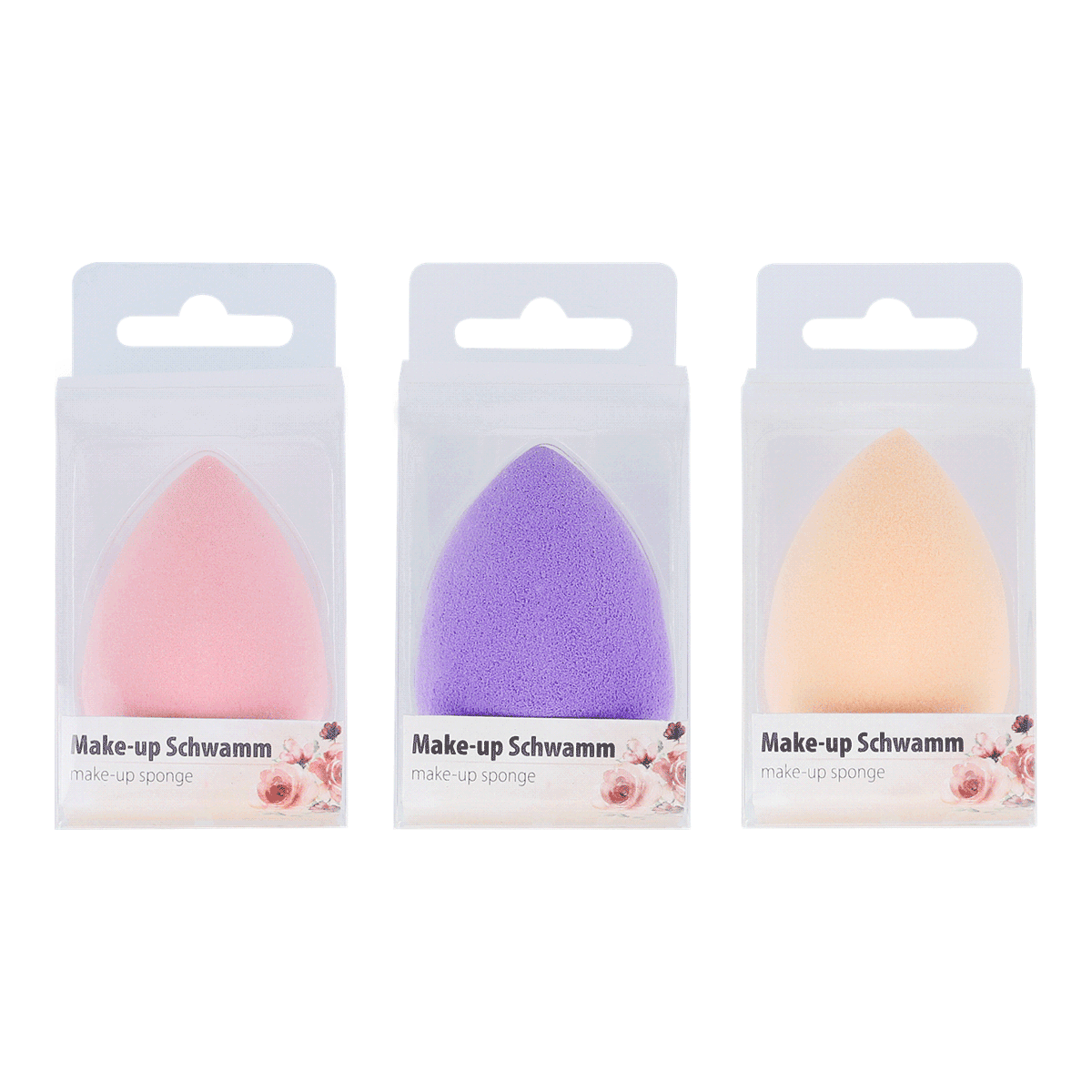 Make-up Schwamm, Schwamm-Set, Pinker Schwamm, Lila Schwamm, Pfirsichfarbener Schwamm, Make-up sponge, Blender, Sponge set, Colorful, Teardrop shape, Make-up sponge, Schwämmchen, Schminkschwamm, Drei Farben, Verpackungskit
