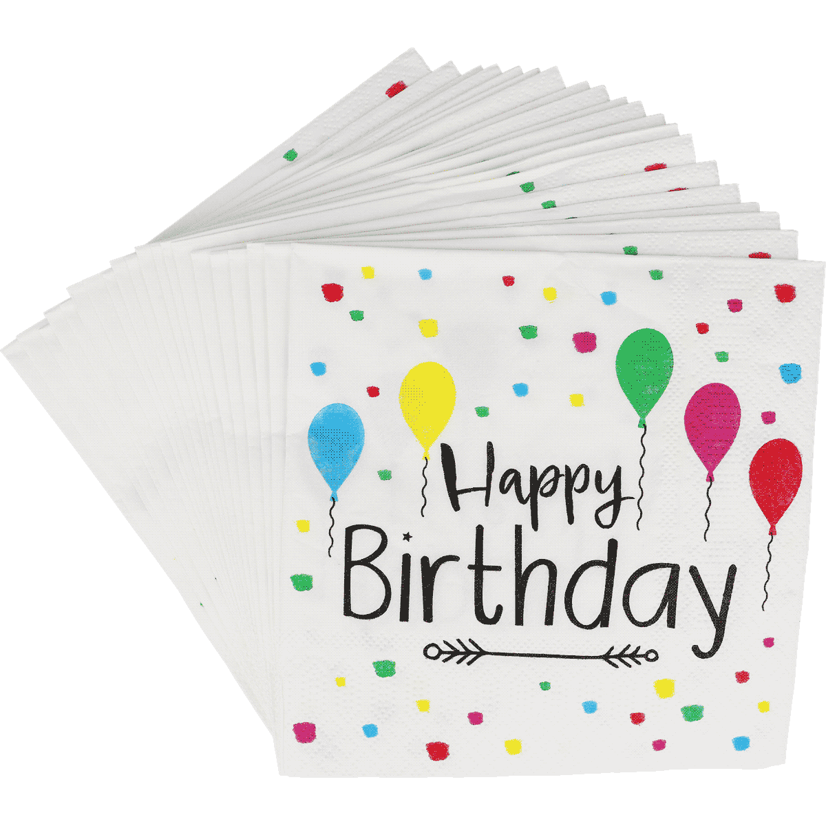 Birthday Servietten, Papierservietten, Ballon-Motiv, Bunter Konfetti, Happy Birthday, Birthday-Napkins, Konfetti-Muster, Ballon-Design, Weiße Servietten, Party-Dekoration, Servietten, Geburtstag, Papierservietten, Ballons, Happy Birthday