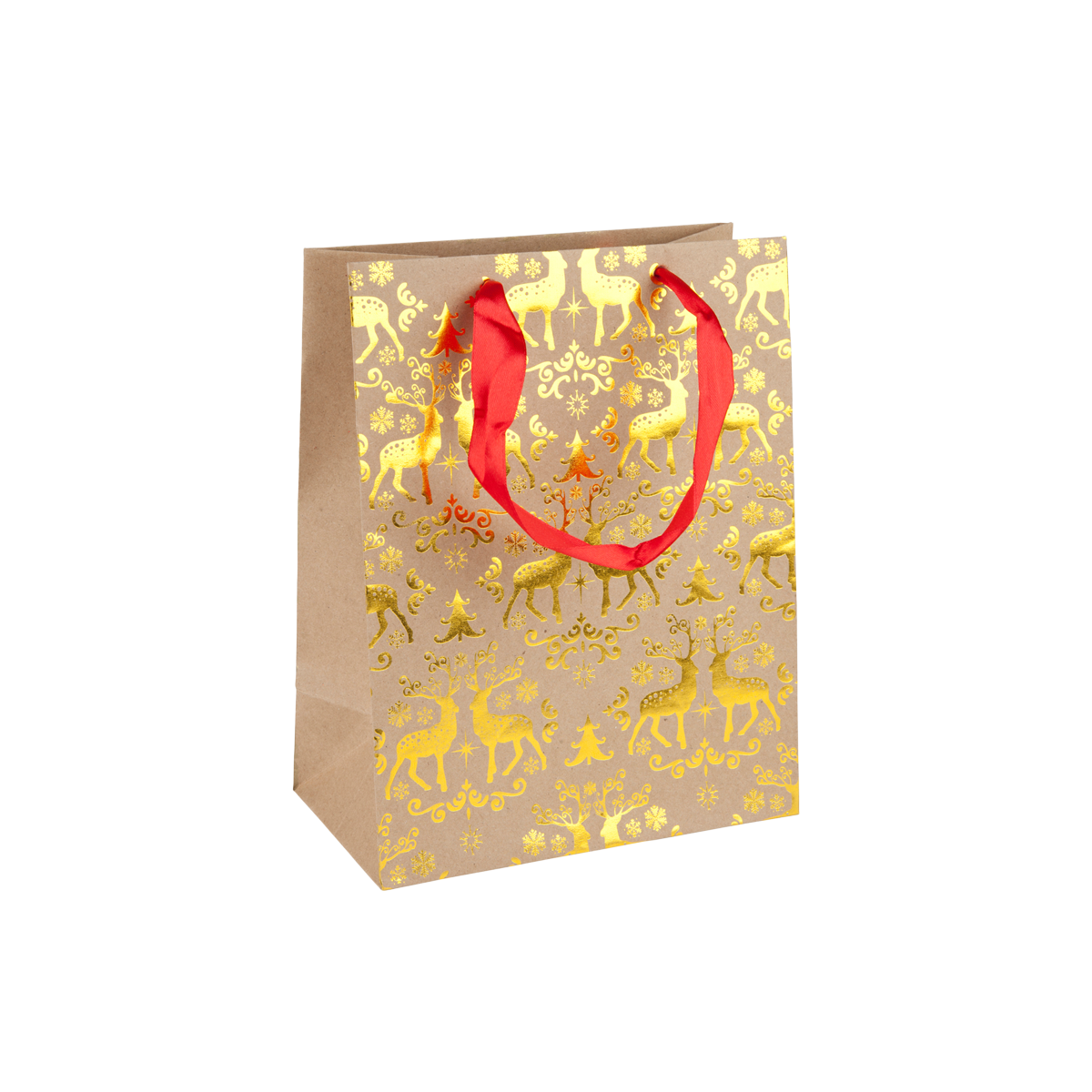 Geschenktüte, Papiertragetasche, Goldprint, Rote Griffe, Weihnachtlich