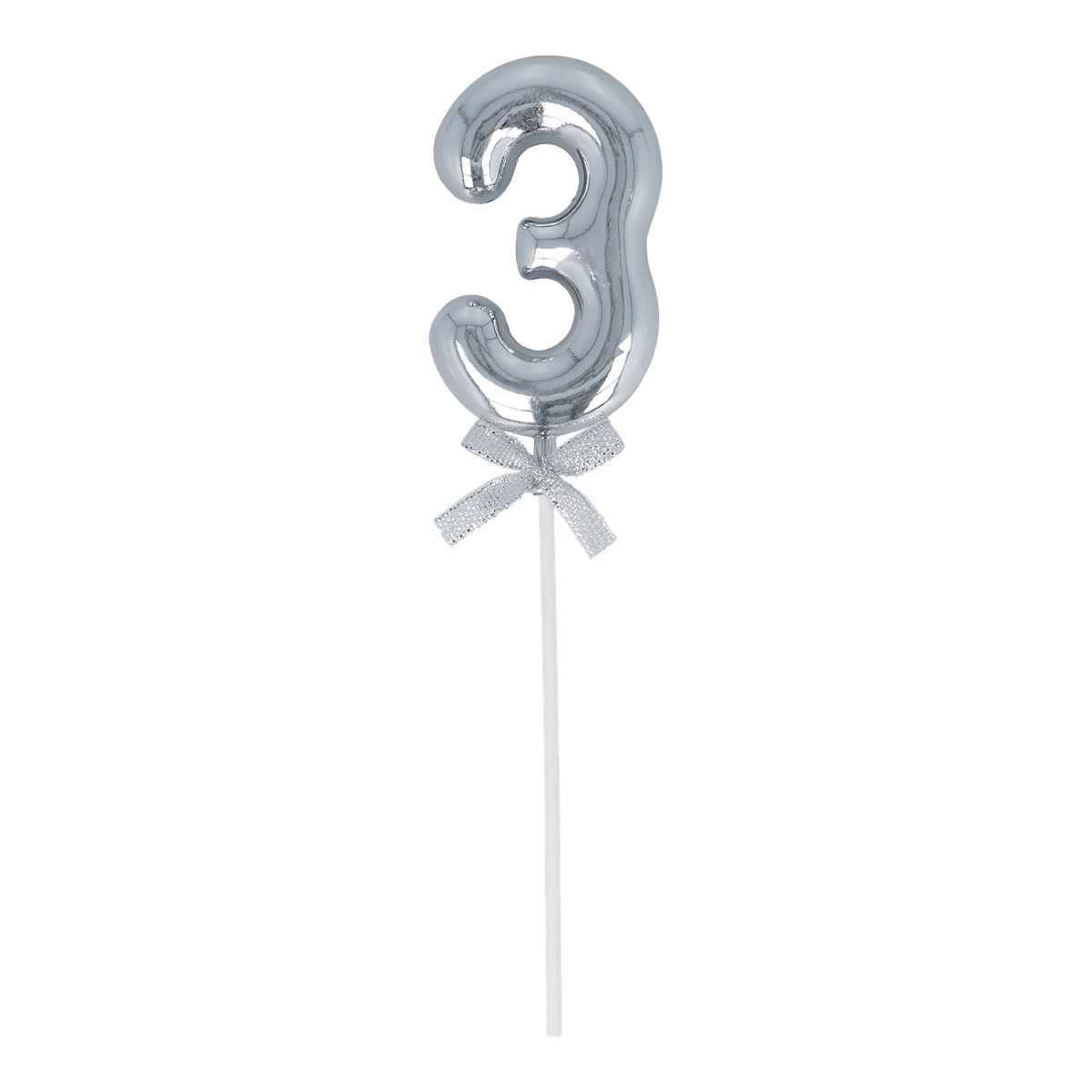 Nummer 3, Geburtstagstopper, Silberner Ballon, Satinkleid Ribbon?, Glänzendes Metall, Zahlenschmuck, Luftballon, Zierspitze, Silber, Dekoration, Zahl 3, Lufterballon, Schmuck-Topper, Zahlenschliff, Silber