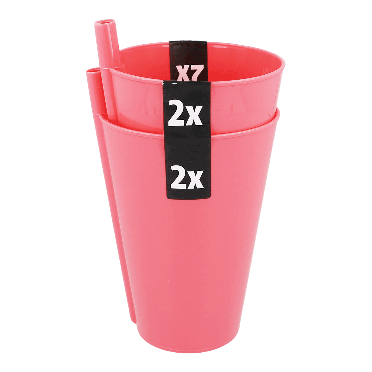 Becher, Strohhalm, pink, Mehrfachpack, Kunststoffbecher, Becher, Strohhalm, Kunststoff, Pink, 2x Set, Becher, Strohhalm, Trinkbecher, Mehrfachpack, Pink